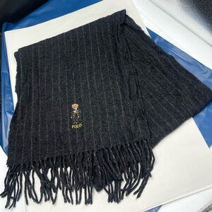 Polo Ralph Lauren Holiday Bear Chalk Stripe Scarf Wool Cashmere Blend 13.5x60”